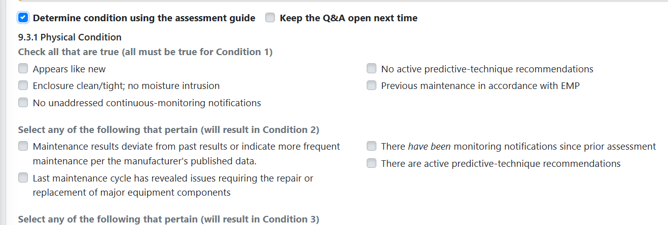 Gimba AI-guided NFPA 70B condition assessment interface walking a technician through equipment evaluation criteria