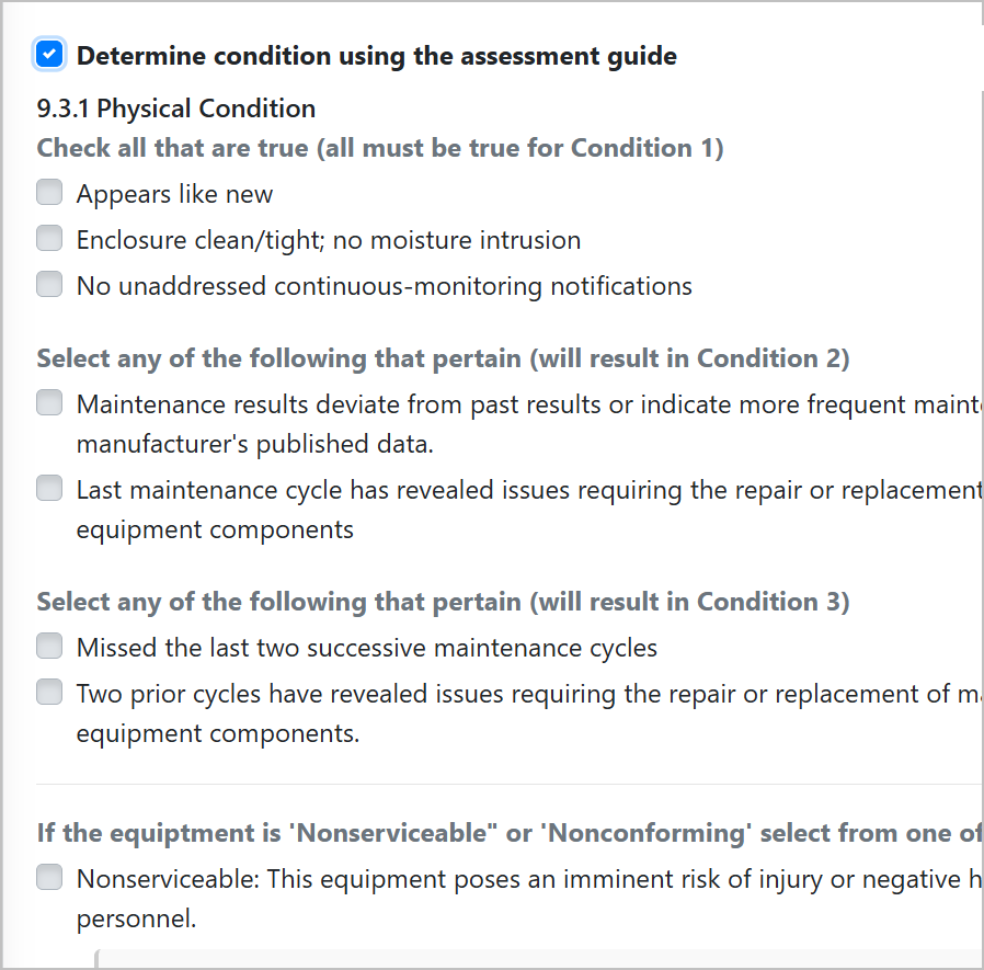 Gimba guided NFPA 70B condition assessment walking technician through equipment evaluation step by step