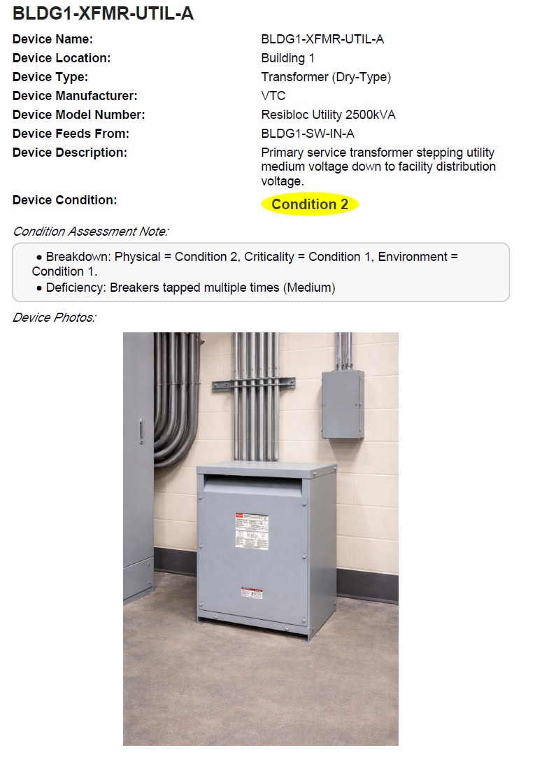 Gimba EMP document showing the condition assessment section of a completed NFPA 70B Electrical Maintenance Program