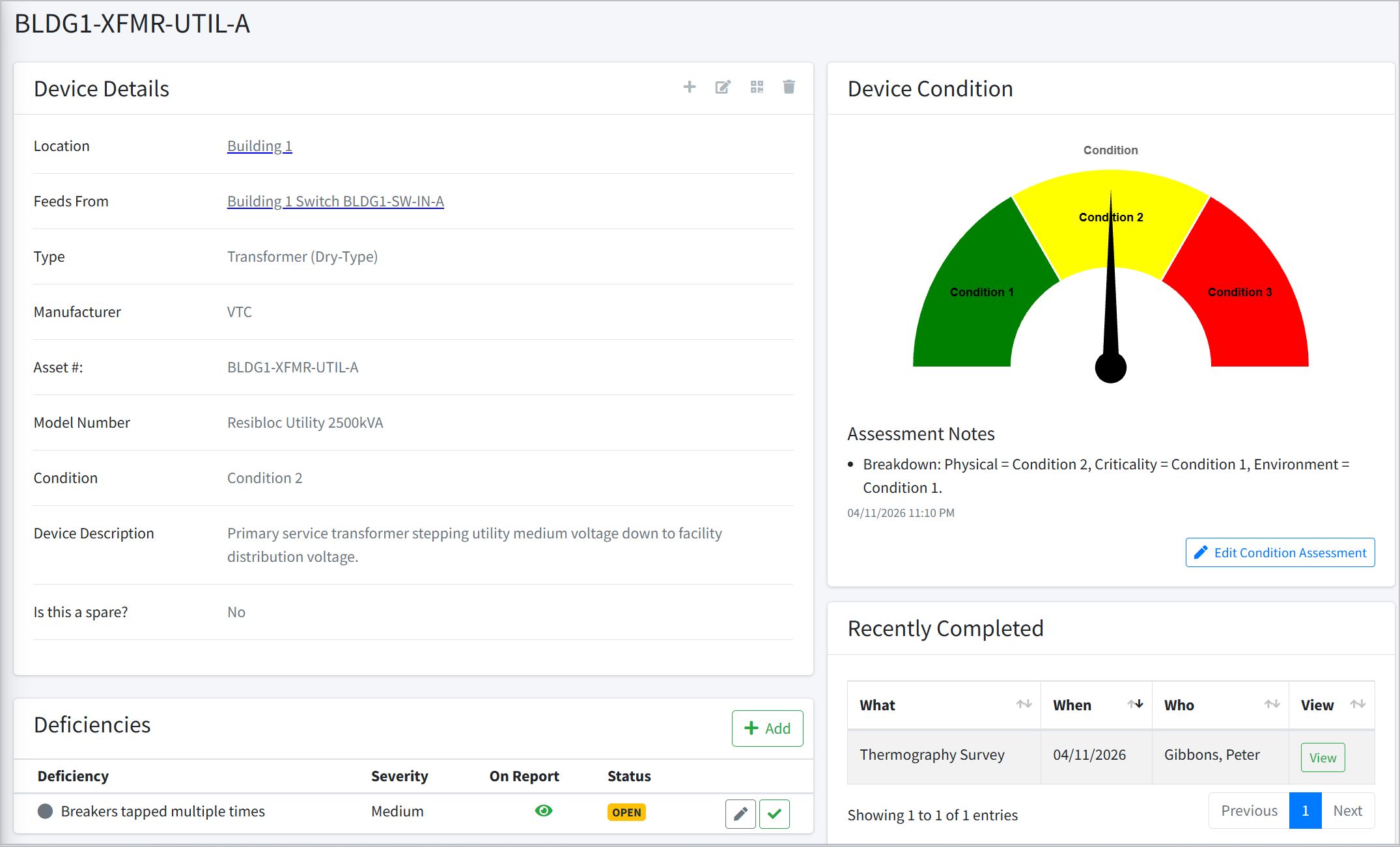 Gimba NFPA 70B asset detail screen showing device type, current condition rating and next scheduled maintenance date
