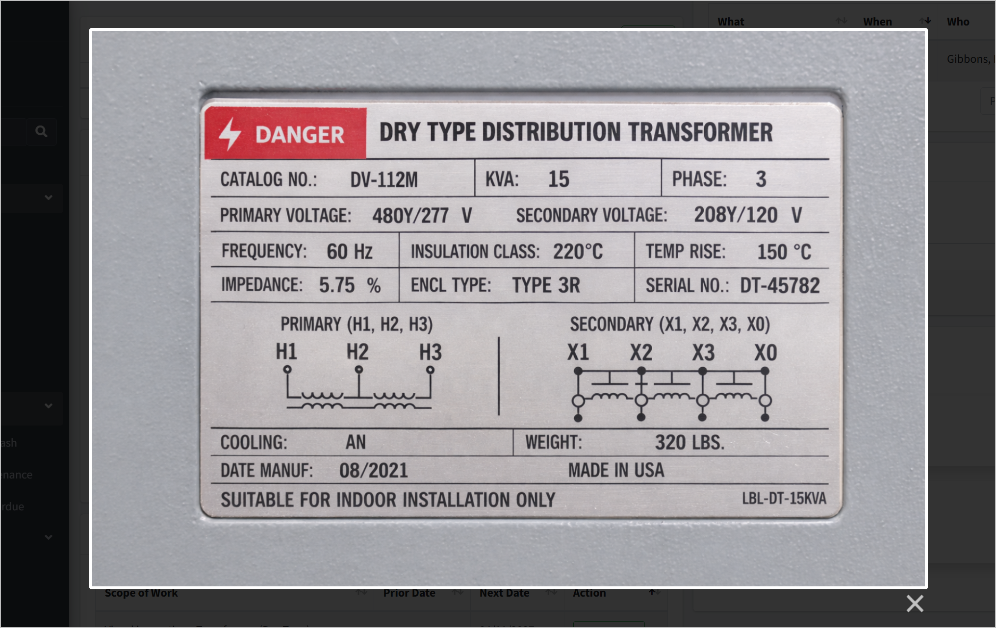Gimba nameplate photo capture automatically populating electrical asset records for NFPA 70B compliance