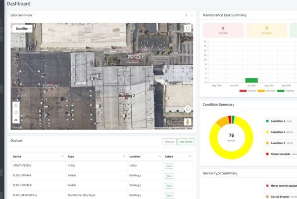 Gimba NFPA 70B compliance software dashboard showing asset inventory, geo-mapped facility view, and maintenance schedule
