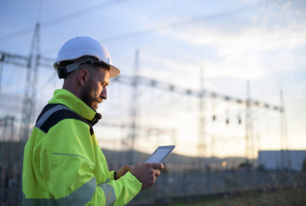 Electrical worker with tablet at a power substation — NFPA 70B compliance software in the field