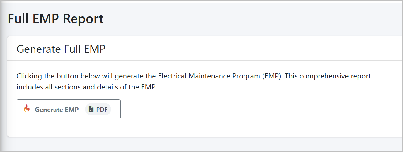 Gimba one-click EMP generation producing complete NFPA 70B Electrical Maintenance Program for electrical contractor clients