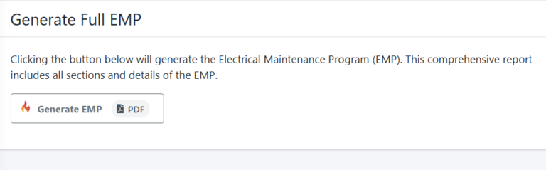 Gimba one-click Electrical Maintenance Program generation producing a complete NFPA 70B-compliant EMP document instantly