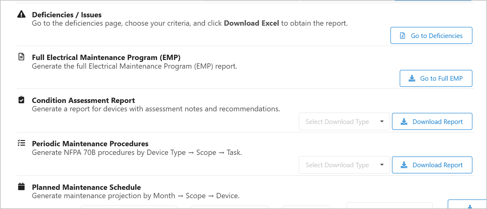Gimba reports interface showing on-demand NFPA 70B audit documentation for contractor client facilities