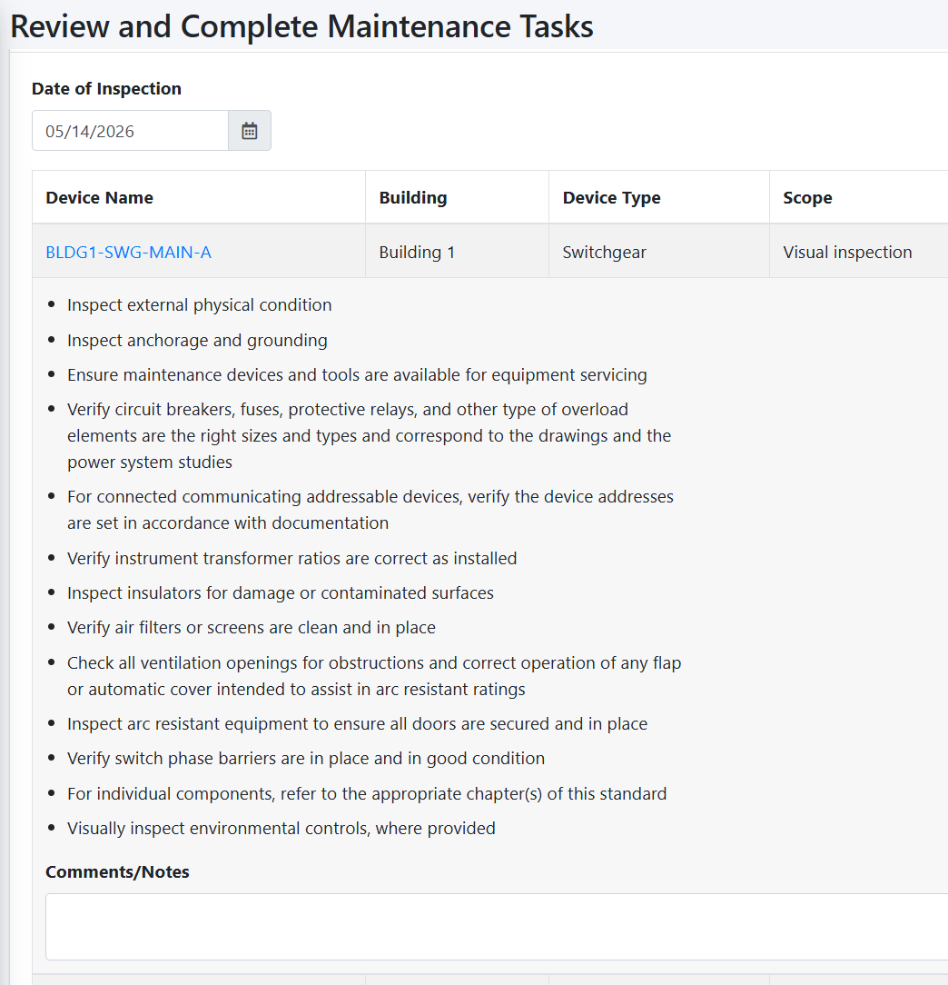 Gimba maintenance task review screen showing NFPA 70B inspection checklist for switchgear and UPS equipment